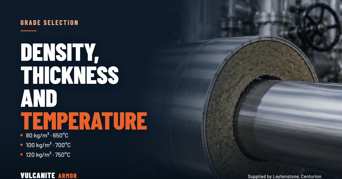 Grade selection: density, thickness and temperature. Blanket 80 at 650°C, Blanket 100 at 700°C, Blanket 120 at 750°C, over a photograph of a clad pipe.