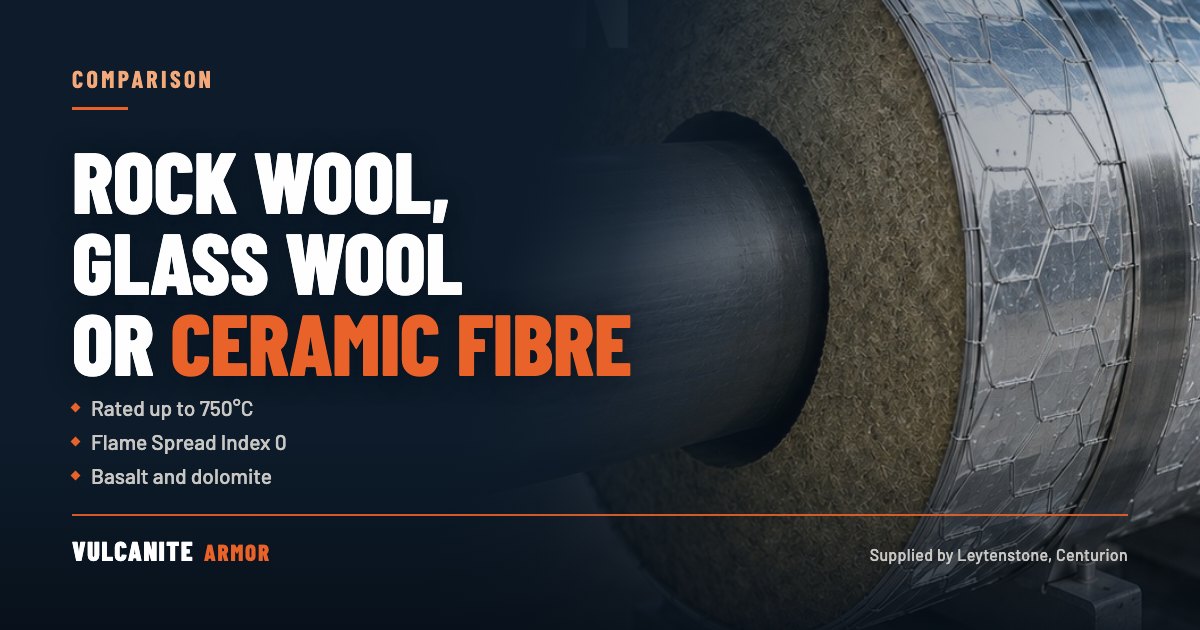 Comparison: rock wool, glass wool or ceramic fibre. Rated up to 750°C, Flame Spread Index 0, basalt and dolomite, over a cross-section photograph of an insulated pipe.