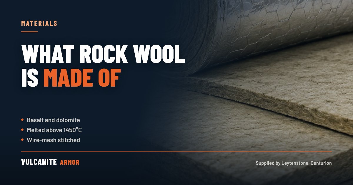 Materials: what rock wool is made of. Basalt and dolomite, melted above 1450°C, wire-mesh stitched, over a photograph of a rock wool roll.