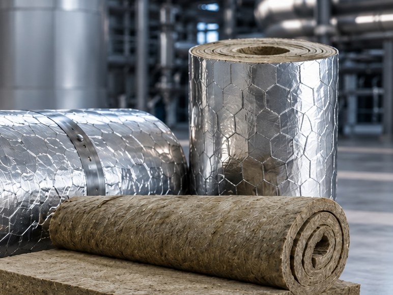Vulcanite Armor rock wool blanket rolls, foil faced and wire mesh stitched