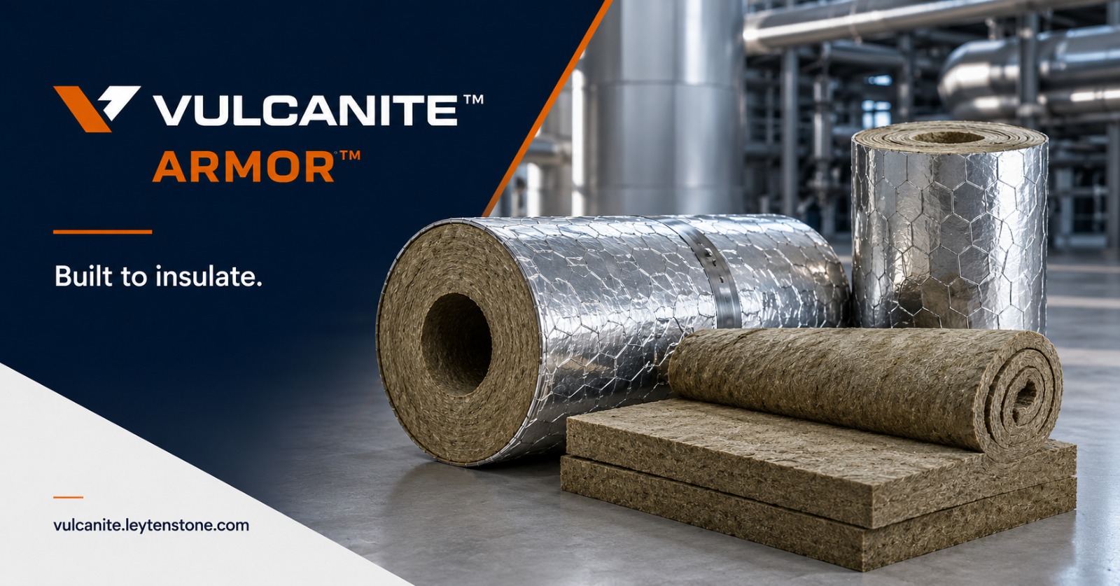 Vulcanite Armor rock wool insulation product range: blankets, rolls, and boards in an industrial facility