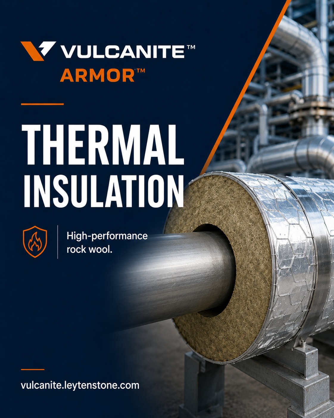 Cross-section of Vulcanite Armor rock wool insulation installed on industrial pipe showing insulation thickness and metal cladding